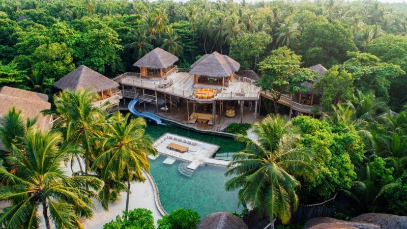 Aerial view of a tropical resort in the Maldives, showcasing lush greenery. The resort features multiple thatched-roof villas, ideal for villa ownership enthusiasts, connected by wooden walkways beside a large, irregularly shaped swimming pool with lounge areas. Palm trees are scattered throughout the property.