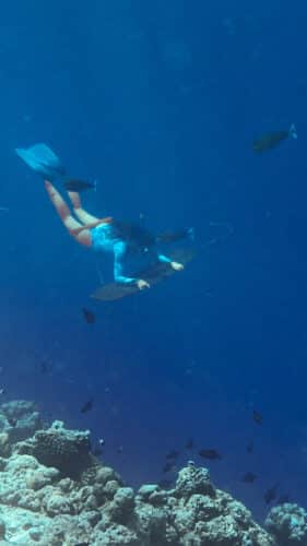 A snorkeler wearing a blue top and fins swims underwater near a coral reef, surrounded by various fish. The clear blue water during their Maldives Luxury Yacht Holiday at Soneva enhances the visibility of the marine life and coral formations below.