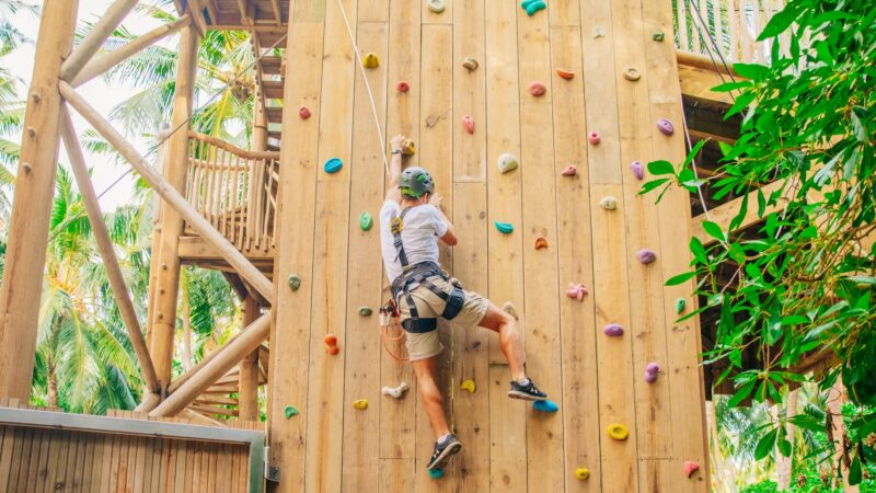 A person wearing a helmet and harness climbs a wooden rock climbing wall with colorful holds at the Soneva outdoor adventure park. Surrounded by lush greenery and palm trees, this Maldives exclusive experience captures an exhilarating mid-climb moment.