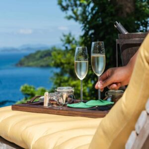 A close-up of a person holding a glass of champagne while another rests on the tray along with jars and some snacks. The tray is on a yellow cushioned surface with an ocean and greenery in the background, emphasizing the serenity that comes with Soneva Exclusive Offers.