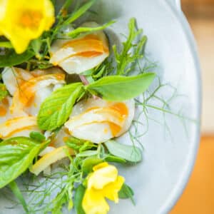 A bowl of vibrant mixed greens, herbs, and flowers is garnished with what appears to be sliced fish topped with a light drizzle of sauce. Reminiscent of the elegance you'd find on a Maldives Luxury Yacht Holiday at Soneva, the dish features bright yellow flowers and green leaves, presented in an appetizing manner.