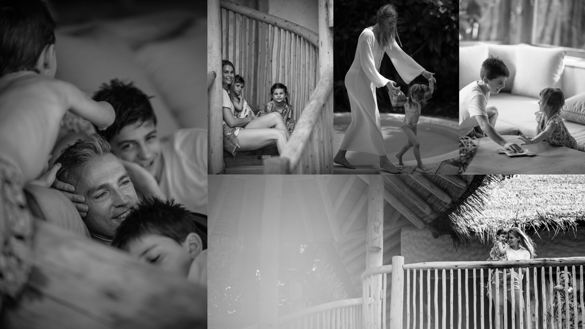 A black-and-white collage showcases various moments of a family enjoying their time together. The images depict smiling children playing, a woman guiding a child, and a man resting with children around him. Another scene shows a person standing on a balcony, embodying the spirit of Soneva Exclusive Offers.