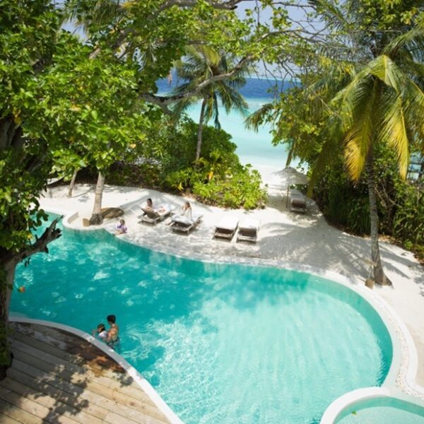 A tropical beach scene at a Maldives luxury resort features a turquoise pool surrounded by greenery and palm trees. Sun loungers with people relaxing in them are positioned on the poolside. The turquoise ocean is visible in the background, seamlessly blending with the serene ambiance of Soneva Fushi Villas.