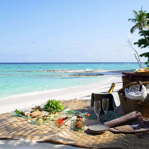 A serene beach picnic setup on a sandy shore with turquoise water in the background offers the Maldives exclusive experience. The spread features a variety of seafood dishes, a bottle of champagne in an ice bucket, wine glasses, and a woven basket containing towels and fruit. Palm trees and lush greenery flank the scene.