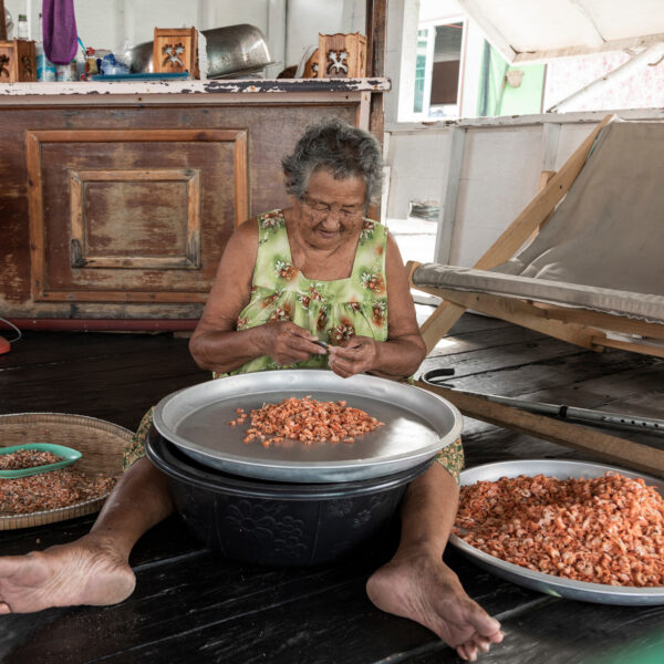 An elderly woman sits on the floor in a wooden room, shelling shrimp. Surrounded by large bowls and baskets filled with shrimp, she works diligently. The background includes a fan, a wooden cabinet, and a reclining chair, capturing the essence of a modest, cozy home—a true Thailand exclusive experience.
