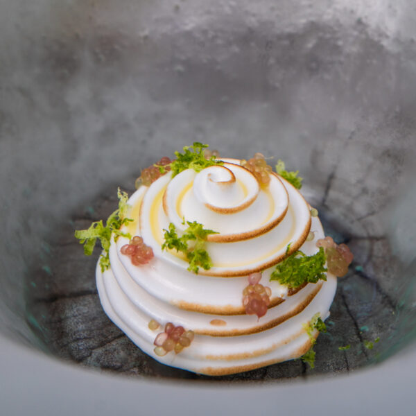 A beautifully plated dessert features a spiral of whipped cream or meringue, garnished with small green herbs and translucent beads on a rustic, textured surface. The presentation is sophisticated and artistic.