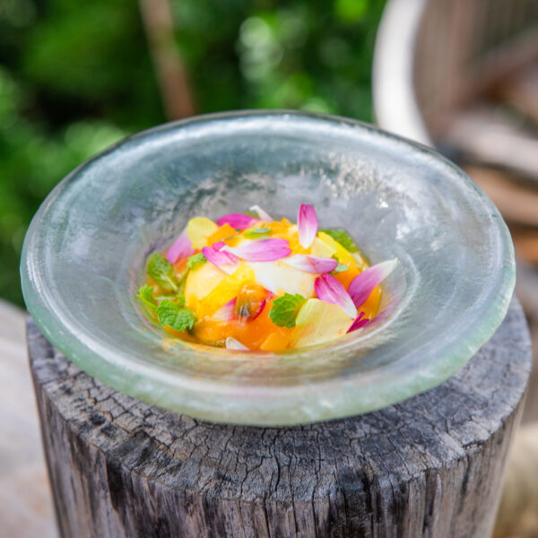 A glass bowl sits on a rustic wooden surface, filled with colorful fruit salad. The dish features orange and yellow fruit pieces, garnished with pink flower petals and green herbs, set against a lush, blurred green background.