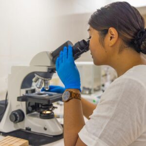 A person with a hair tie, wearing gloves and a wristwatch, peers into a microscope in a laboratory setting. The individual is focused on their work, dressed in a white lab coat or shirt. Amidst the various lab equipment on the table, one might envision the calm precision akin to treatments at a wellness spa in the Maldives.
