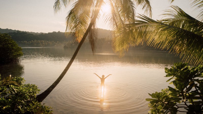 A person stands joyfully with arms raised in shallow water at sunrise, surrounded by ripples. The palm trees framing the scene on both sides and mist-covered hills in the background create a peaceful tropical ambiance reminiscent of Soneva Kiri Resort.